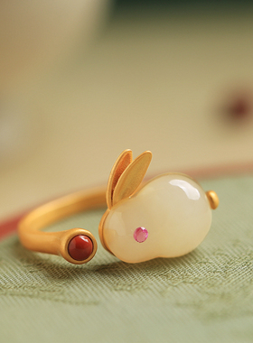 和田玉开口兔子食指戒指女新中式小众设计国风18k轻奢高级感指环