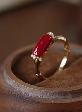 新中式红彩宝素面竹节戒指国风复古开口指环吸睛百搭气质款饰品女