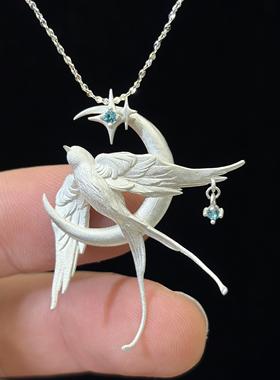 新中式星月飞燕烧白吊坠项链蓝钻装饰精致浪漫小众设计感颈链配饰