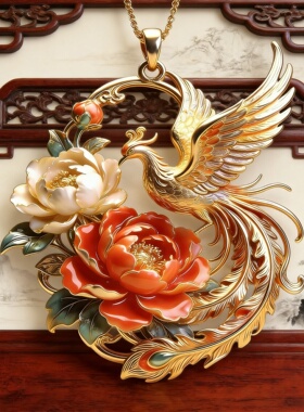 非遗珐琅彩凤戏牡丹吊坠黄金色立体浮雕项链国风轻奢高级百搭配饰