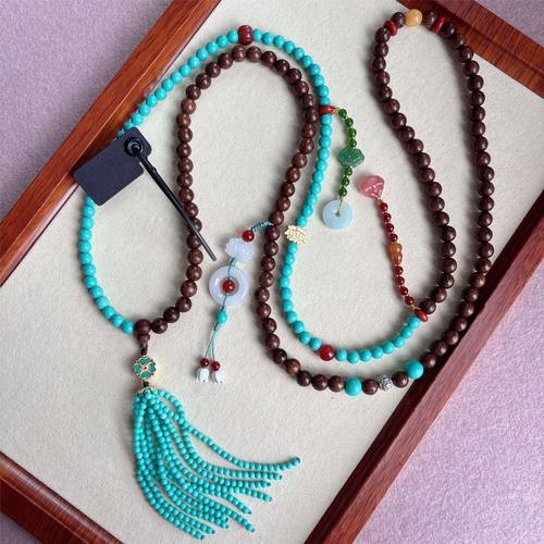 新中式檀木多宝项链仿绿松石混色国风斜挎链佛珠念珠手串民族风