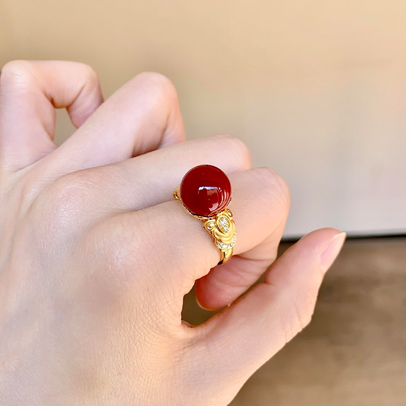 新中式古法金色花丝珊瑚红圆珠戒指女轻奢复古高级感温柔气质指环