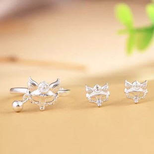 国风九尾狐狸耳钉戒指镂空肌理新中式小众精致配饰高级轻奢送礼物