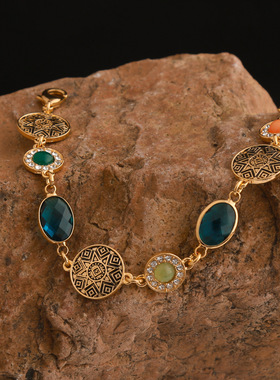 欧式古典多彩椭圆宝石电镀镂空镶钻轻奢女士中古复古感手链