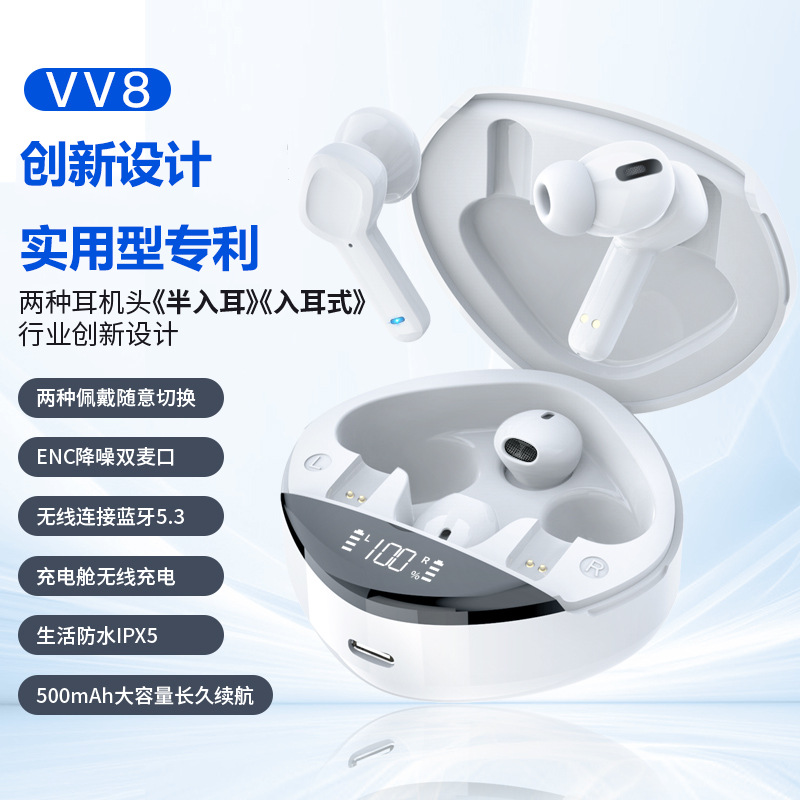 VV8 2023新款迪士智能蓝牙耳机双头双耳半入耳降噪无线耳机可切换