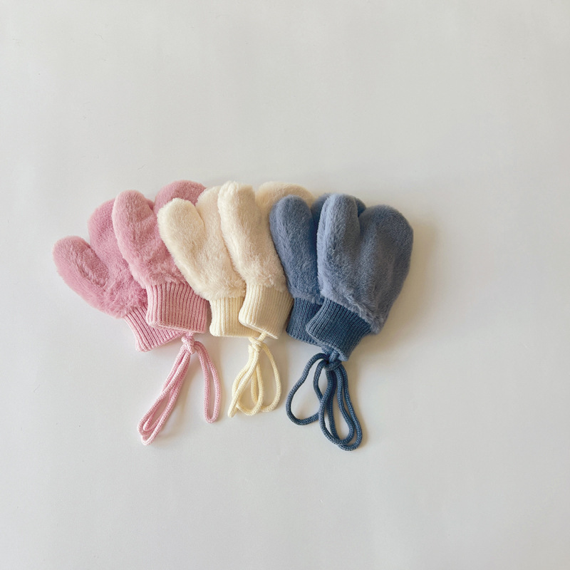 冬季儿童手套新款ins韩版毛绒保暖连指挂脖男女童宝宝手套