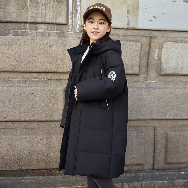 秋冬新款儿童羽绒服女孩中大童白鸭绒男童中长款连帽加厚保暖外套