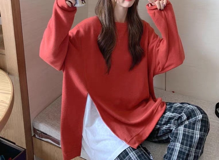2025秋潮品简约个性宽松韩范侧开叉叠穿卫衣女ins风