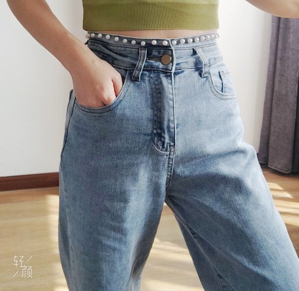 2024春潮品腰边牟钉珍珠设计裤脚侧边开叉阔腿牛仔裤女潮酷范,女装/女士精品,牛仔裤,淘宝优惠券,粉丝福利购,淘宝优惠卷