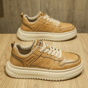 男鞋秋季2025新款潮牌百搭休闲皮鞋男士复古厚底增高真皮运动板鞋