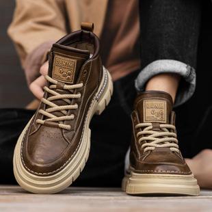 中帮马丁靴男款秋季高级感痞帅复古工装高帮皮鞋厚底增高秋冬男鞋