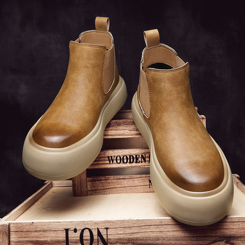 秋冬鞋子男鞋中帮马丁靴男士一脚蹬切尔西靴男款英伦厚底增高皮鞋