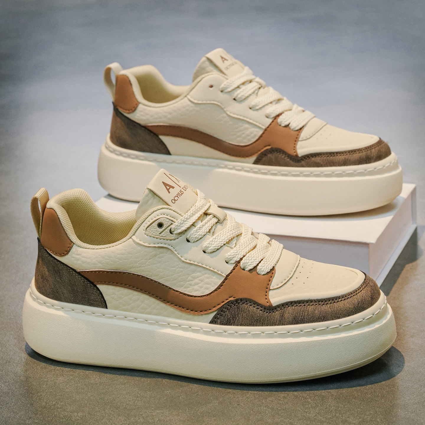 2026春季休闲风拼色板鞋男皮面厚底小白鞋时尚百搭运动鞋系带圆头,流行男鞋,休闲板鞋,淘宝优惠券,粉丝福利购,淘宝优惠卷