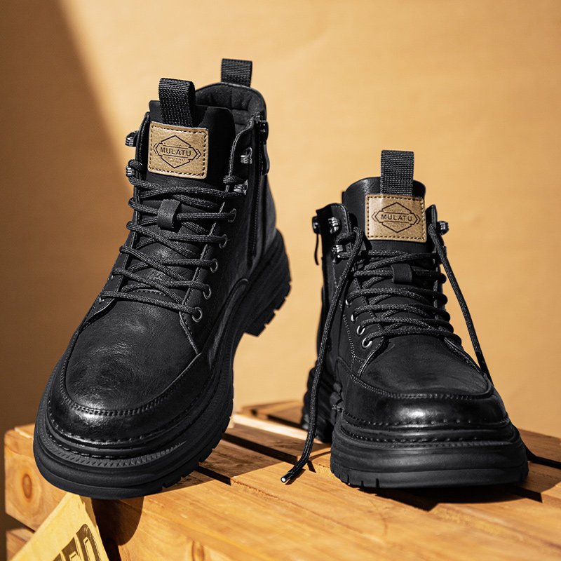 男鞋冬季高帮真皮工装休闲皮鞋男士加绒棉鞋男款黑色高级感马丁靴