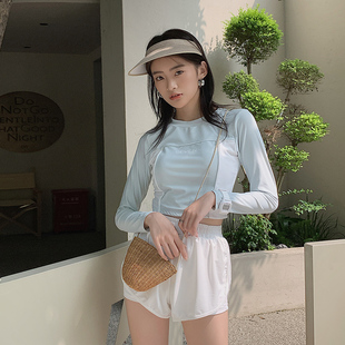 保守連體顯瘦遮肚兩件套溫泉游泳裝 奶綠 分體泳衣女款 3005