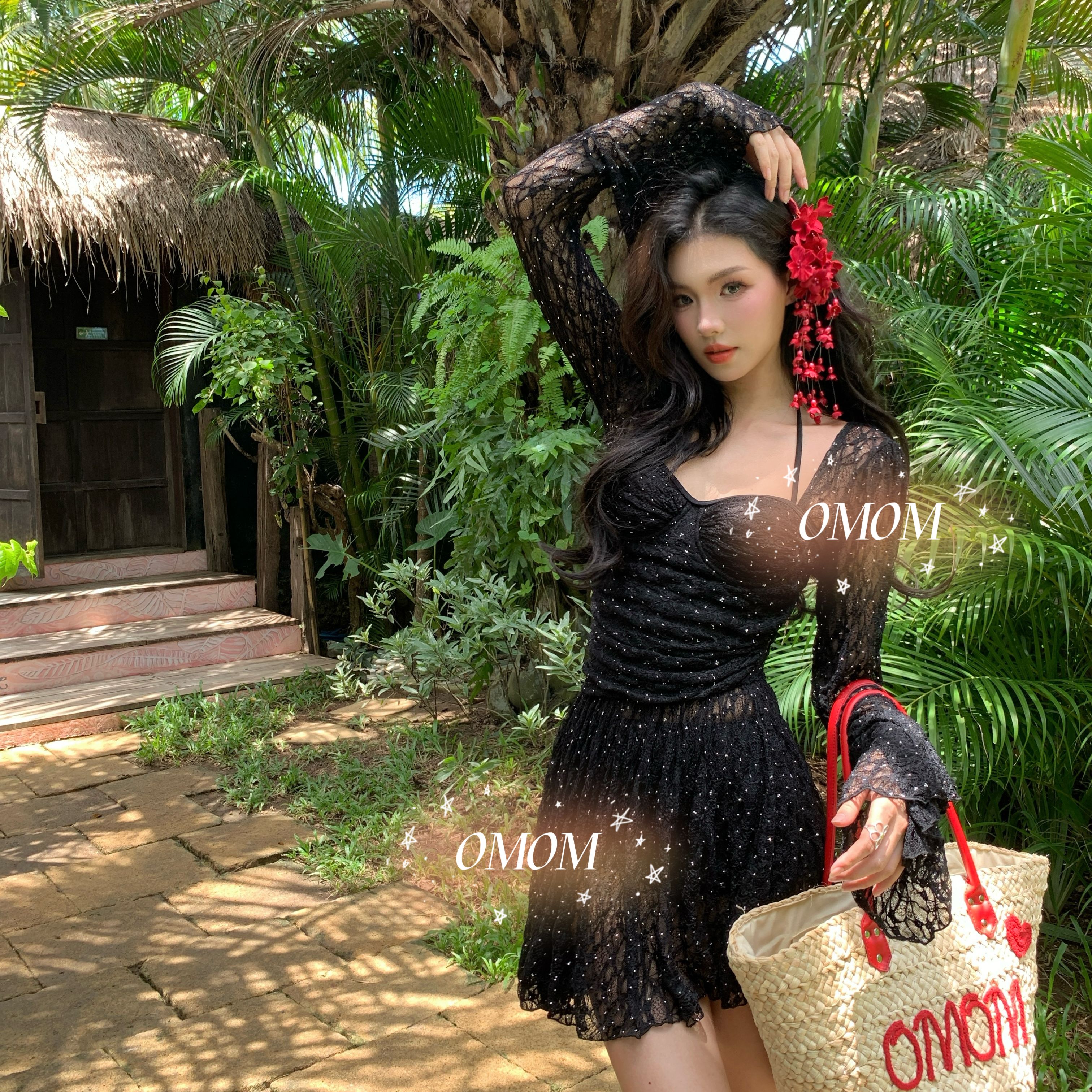 月光石女神烫钻黑色蕾丝长袖连体泳衣显瘦遮肚泡温泉度假泳衣5101