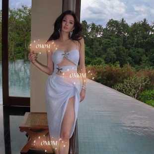 高级感蓝色包臀连体亮闪闪水钻温泉度假泳衣4170 灿若繁星