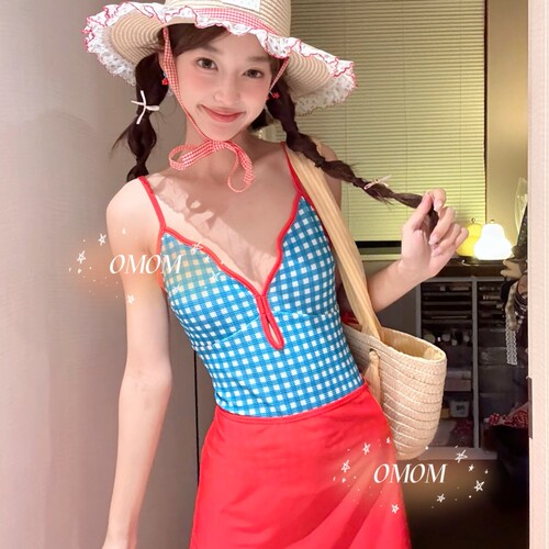 ST 新款小清新格子学生连体泳衣三角修身显瘦温泉度假游泳装072