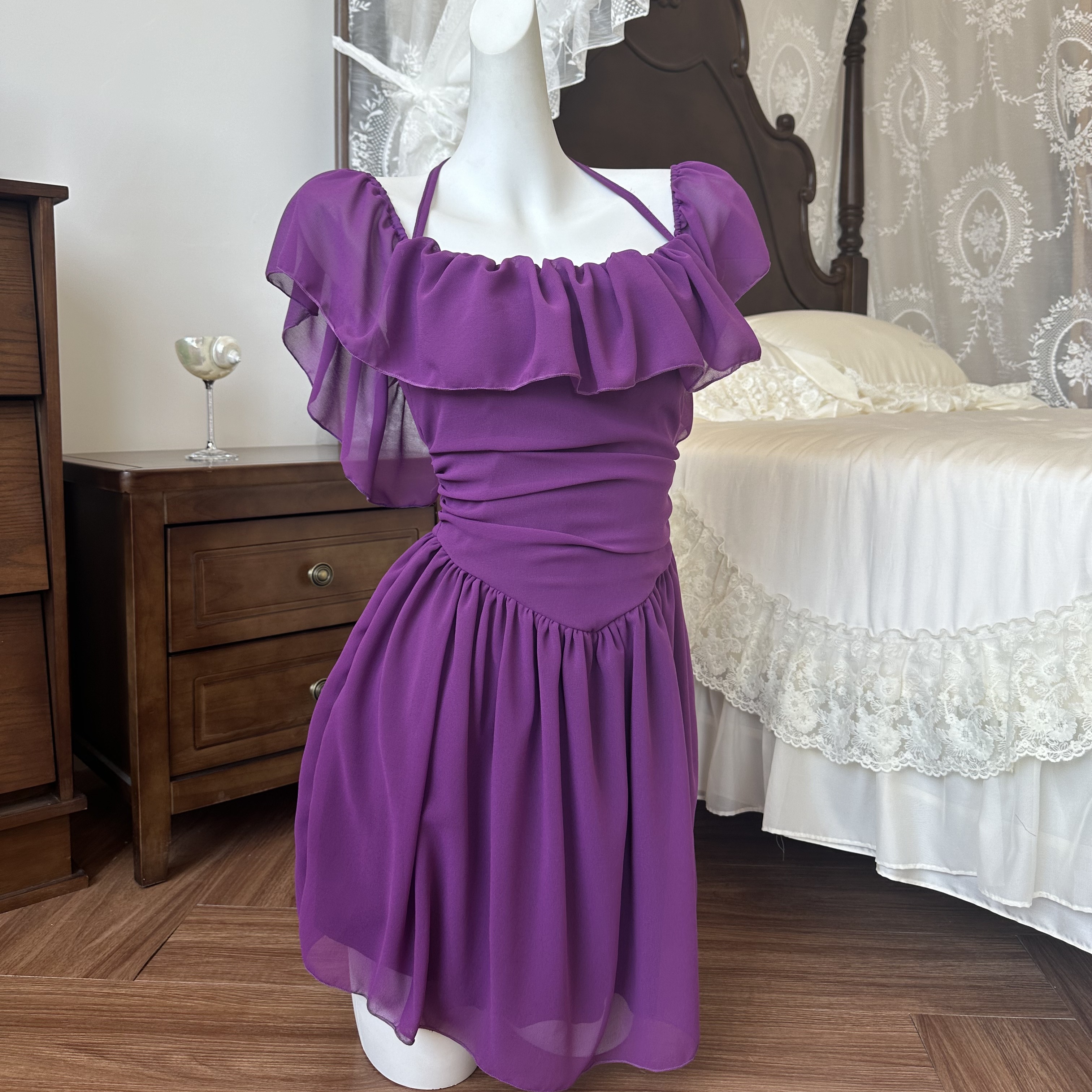 新款荷叶领裙式泳衣可一字肩保守显瘦微胖温泉海边度假泳装5147