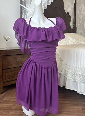 新款荷叶领裙式泳衣可一字肩保守显瘦微胖温泉海边度假泳装5147