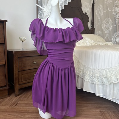 新款荷叶领裙式泳衣可一字肩保守显瘦微胖温泉海边度假泳装5147