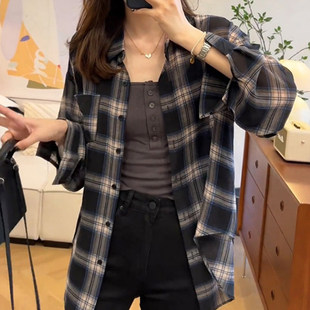 雪纺防晒衣女夏天长袖配吊带裙外搭罩衫松弛冰丝薄款格子衬衫上衣