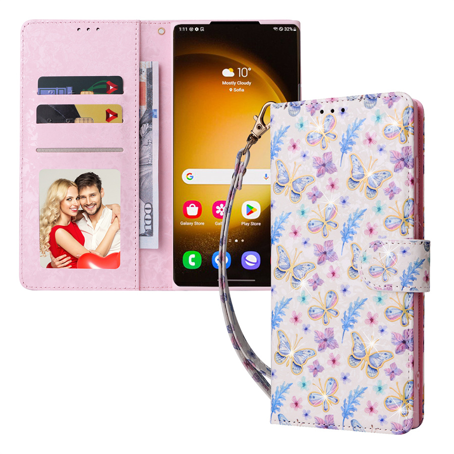 蝴蝶花朵翻盖适用三星s24ultra手机皮套s23+插卡s22手机壳s21FE皮革s20挂绳钱包s10新款全包s9防摔软壳s8带盖