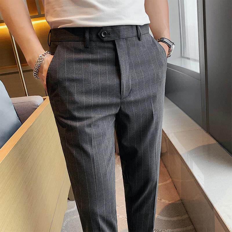 休闲西裤男高级感春秋款修身小脚条纹垂感九分西装裤商务正装裤子