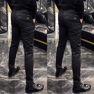 2023春季新款高档男士商务休闲裤条纹直筒裤子男简约修身小脚西裤