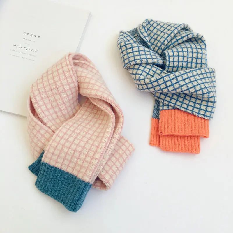 Korean Style New Winter Kid Knitted Wool Plaid Scarves Thick