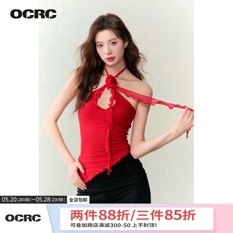 OCRC Official红色双层网纱花朵飘带吊带辣妹显瘦不规则下摆上衣