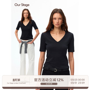 显瘦中袖 95%有机棉亲肤环保V领上衣女夏修身 纯色T恤 Stage Our