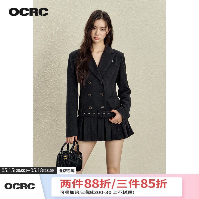 OCRC Official 高级感微型收腰西装连衣裙女秋冬学院风格子百褶裙