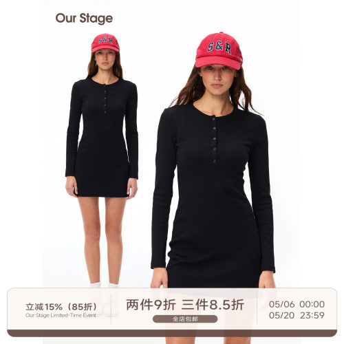 Our Stage 包容性好不闷汗夏季亨利领修身显瘦黑色长袖连衣裙女
