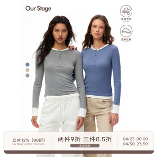 Our Stage 抗皱易打理假两件亨利领撞色上衣春秋季长袖打底T恤女