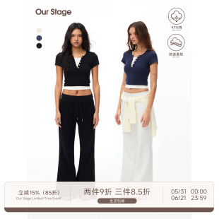 Our Stage 高弹不易变形假两件短款上衣女夏季亨利领撞色短袖T恤