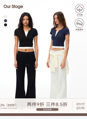 Our Stage 高弹不易变形假两件短款上衣女夏季亨利领撞色短袖T恤