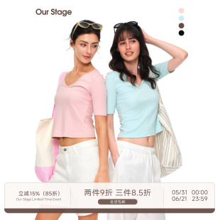 Our Stage 95%有机棉亲肤环保V领上衣女夏修身显瘦中袖纯色T恤