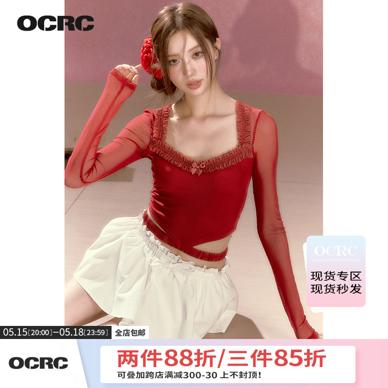 OCRC Official 设计感蝴蝶结花边网纱针织衫女修身显瘦辣妹上衣