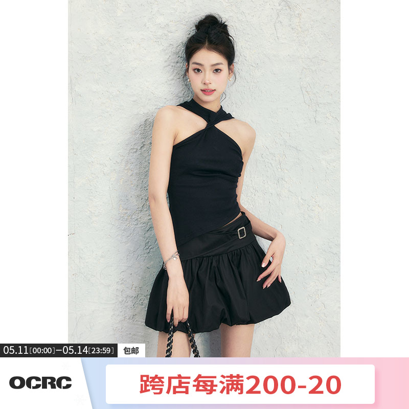 OCRC Official 设计感扭结抽褶背心女夏季外穿性感露肩紧身上衣潮