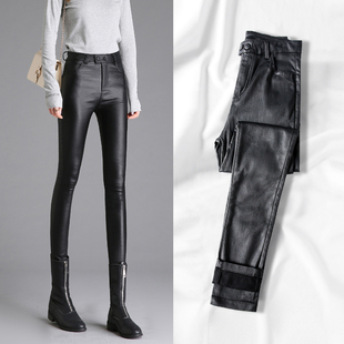 加绒加厚涂层皮裤女紧身秋冬显瘦黑色打底裤高腰外穿小脚裤