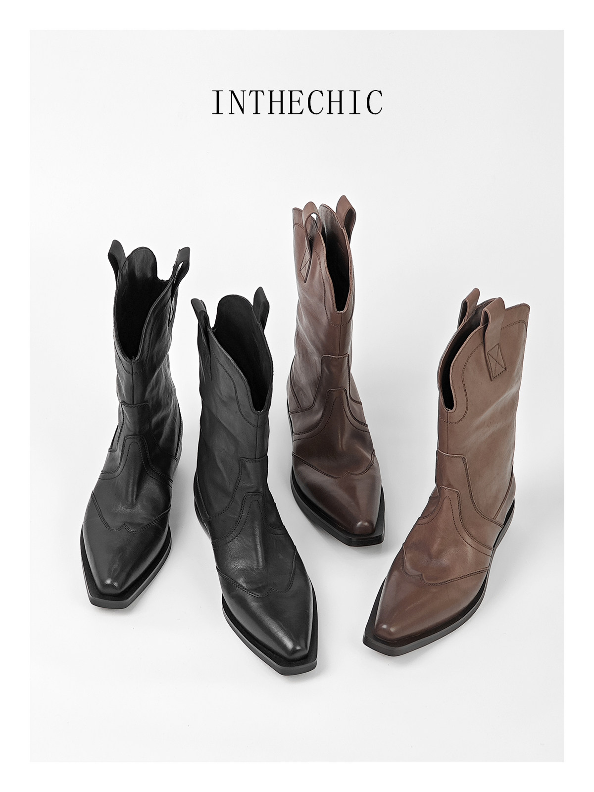 INTHECHIC 오리지널 V 입 포인티드 토 두꺼운 힐 카우보이 부츠 말가죽 웨스턴 부츠 나이트 부츠 숏 부츠 여성용 두꺼운 다리 부츠