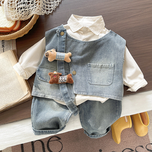 牛仔三件套洋气宝宝衣服春季 男童套装 春装 2026新款 马甲帅气小童装