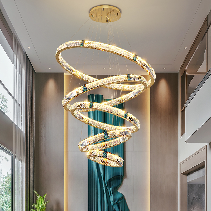 挑高客厅复式楼大吊灯简约现代轻奢公寓别墅大厅圆环水晶楼梯灯具