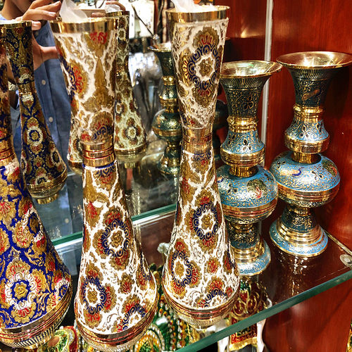 特色手工艺品 10寸彩点飞鸟图案花瓶摆件 巴基斯坦铜器