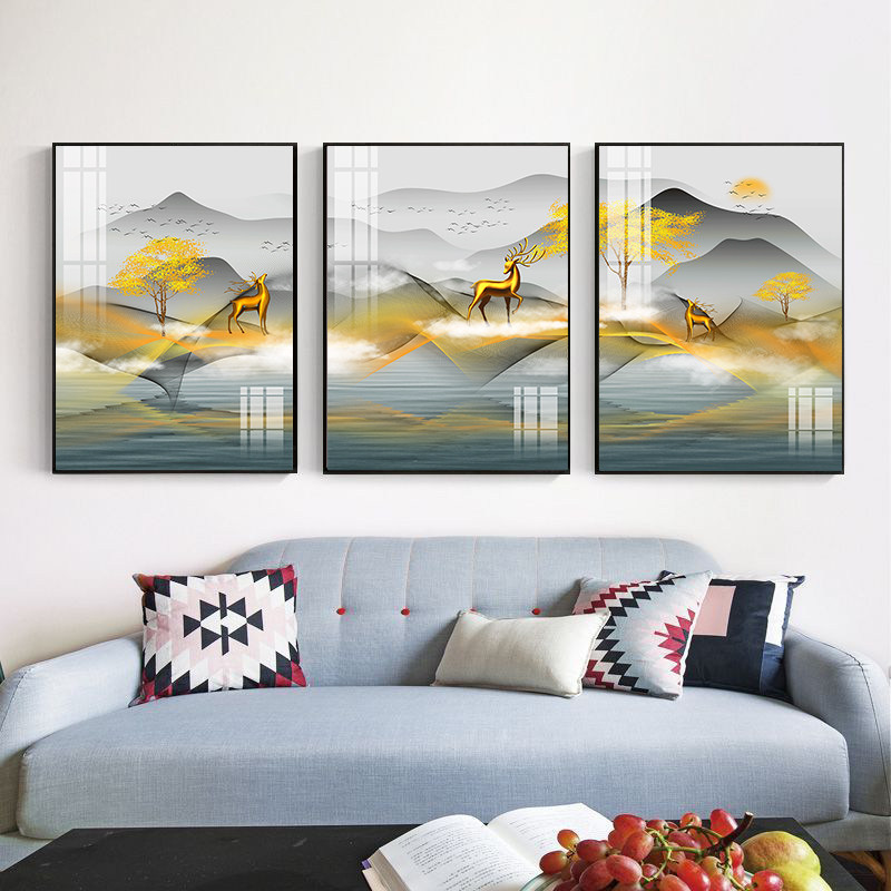 轻奢银杏金鹿三联装饰画客厅沙发背景墙晶瓷挂画福禄石上水景壁画