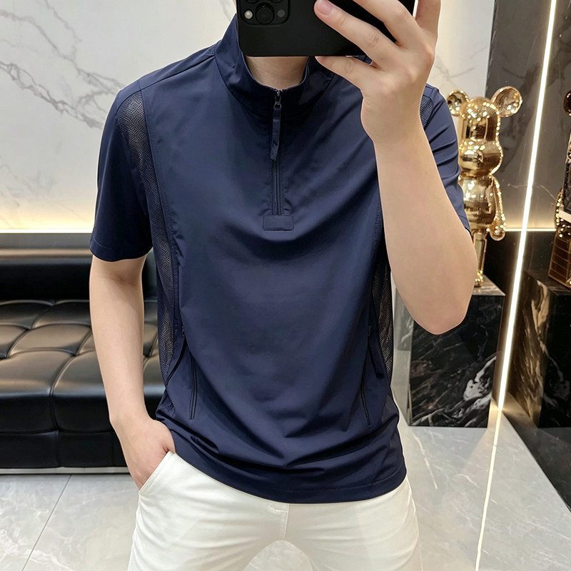 黑武士休闲立领拉链短袖男装网眼透气半拉链潮流高级感藏青色上衣