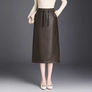 2026新款松紧腰皮裙半身裙女秋冬直筒裙开叉一步裙超火PU皮包臀裙