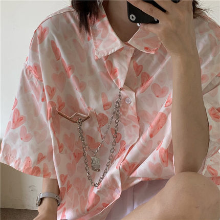 oversize短袖衬衫女夏季原宿bf风宽松韩版高街设计感衬衣ins潮