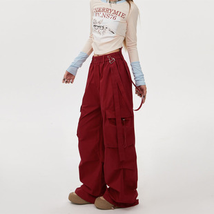 美式高街酒红色工装裤女两穿可拆卸背带裤宽松酷飒风街舞裤ins潮
